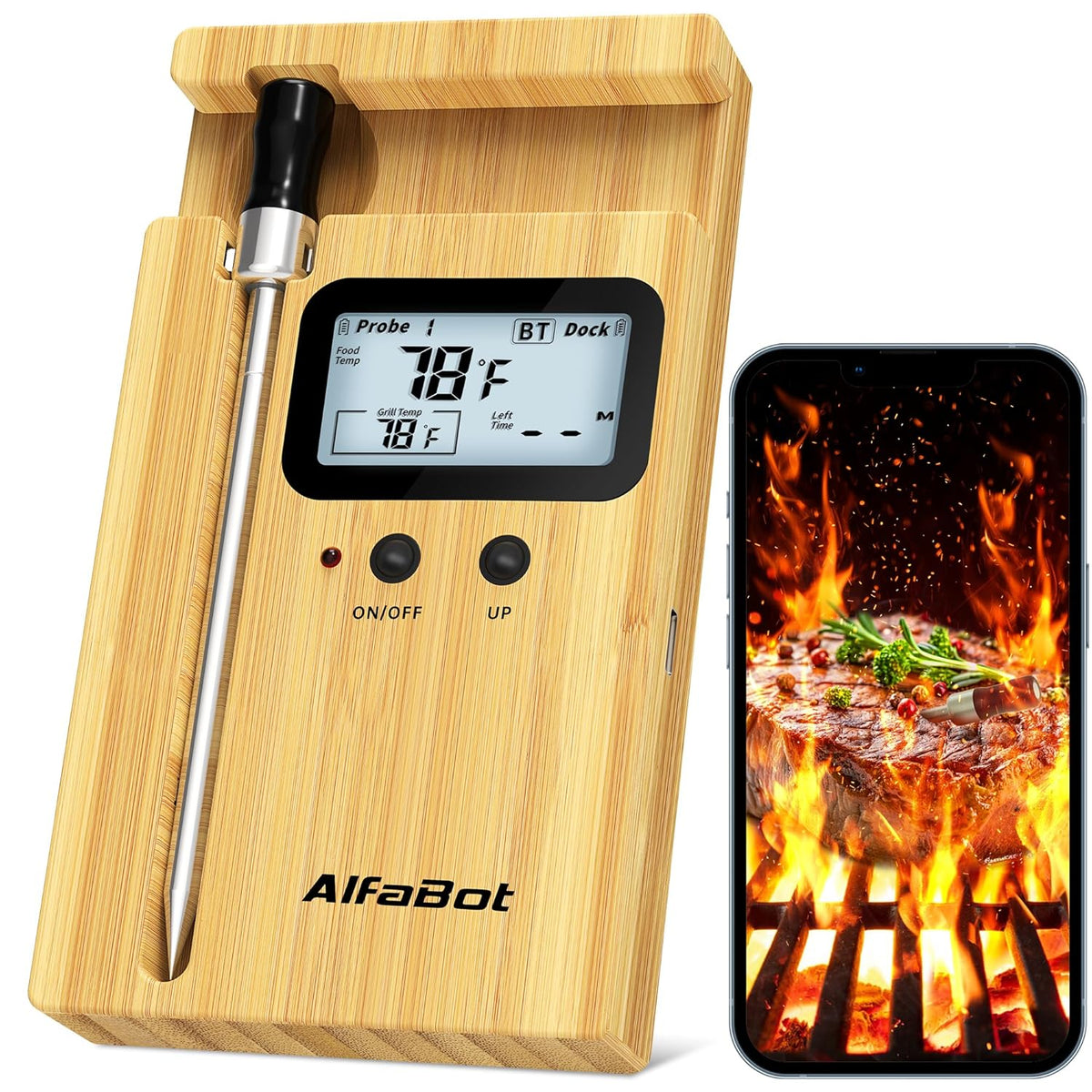 AlfaBot Wireless Meat Thermometer, Bluetooth Meat Thermometer for Turkey Beef Lamb, Digital Food Thermometer for Remote Monitoring of BBQ Grill/Rotisserie/Smoker/Kitchen/Oven(Small)