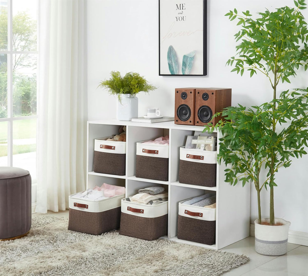 DECOMOMO Storage Baskets for Shelves - Fabric Storage Bins, Linen Closet Organizers and Storage (Brown & White, Large - 4 Pack)
