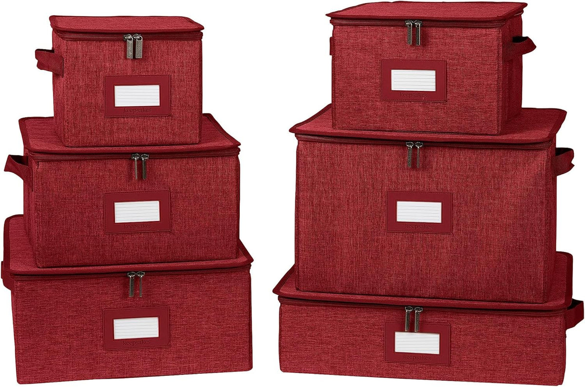 Covermates Keepsakes Dish Storage Box - Stackable, Reinforced Handles, China Storage, Red Heather