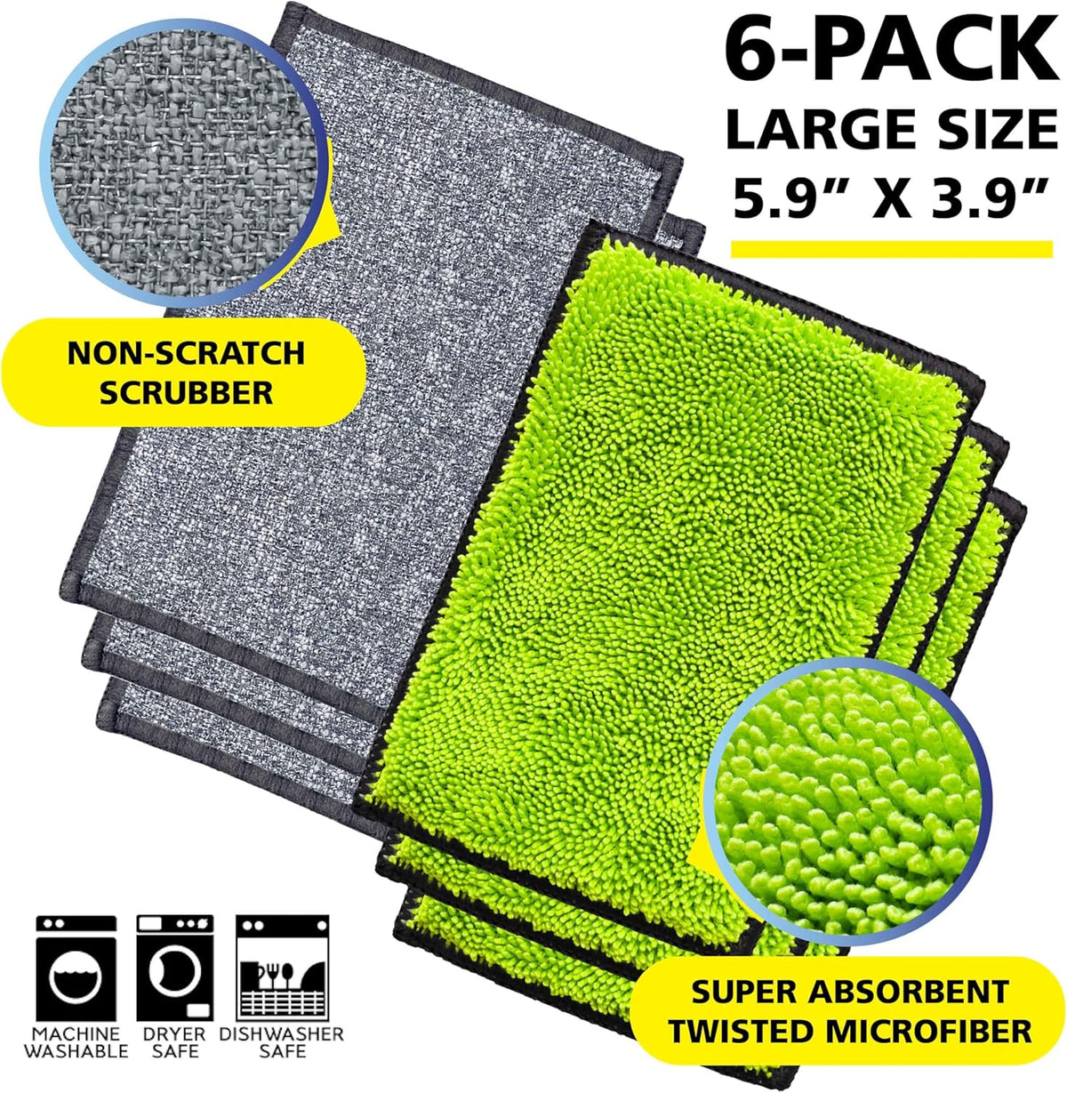 Fresh Tuff-Scrub, Large, 6-Pack Scrub-N-Wipe Sponge Cloth with Silvadur Antimicrobial for Odor Control, Microfiber, Multi-Surface, Non-Scratch, Dual-Sided, Machine Washable, Durable Kitchen Sponge