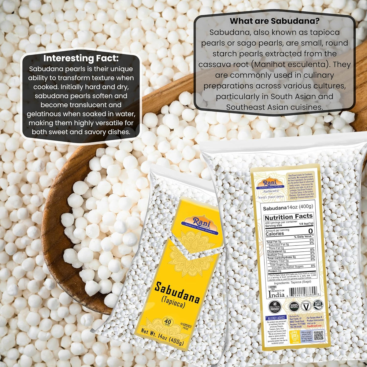 Rani Sabudana (Tapioca/Sago) Pearls 14oz (400g) ~ All Natural | Vegan | No Colors | NON-GMO | Indian Origin