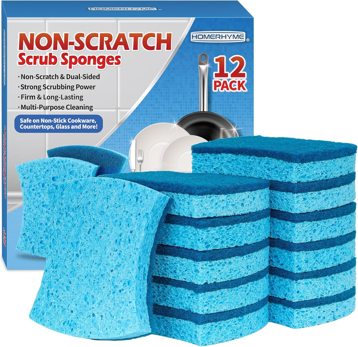 HOMERHYME Non-Scratch Cellulose Scrub Sponges 12 Pack, Sponges Kitchen with Double-Side & Ergonomic Design for Dishes, Coated Cookware, Sink & Countertops.