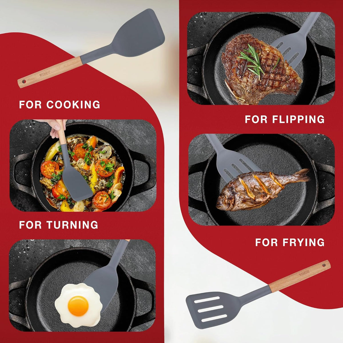 Pack of 2 Silicone Spatula, Non Stick Slotted Spatulas with Wooden Handle, Ideal Wood Kitchen Utensils Set for Frying, Baking, Flipping & Turning, Heat Resistant Silicone Turner for Non Stick Cookware