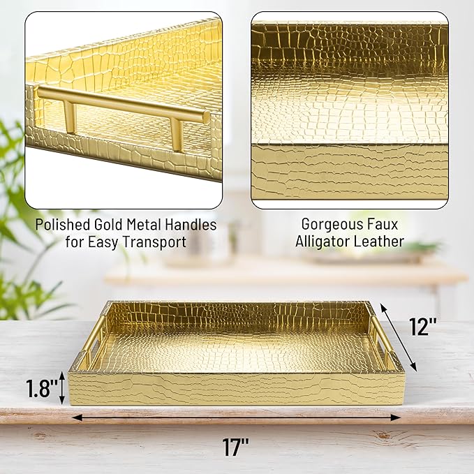 17" x 12" Wood Serving Tray with Gold Polished Metal Handles, Home Decorative Wooden Rectangle Ottoman Leather Decor Platter Bathroom Vanity Tray for All Occasions Alligator Gold