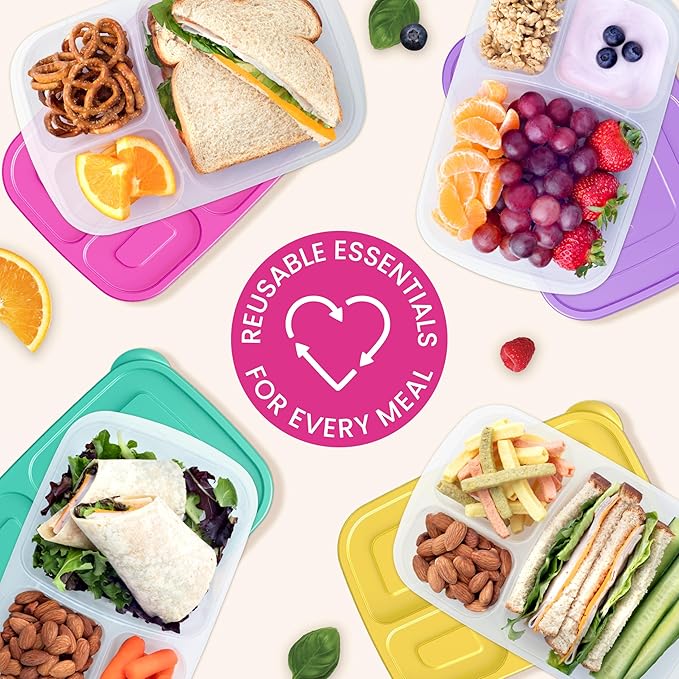 Bentgo Easyboxes - Original Stackable Lunch Boxes - Reusable 3-Compartment Food Containers for Kids and Adults - Bento Lunch Box for Meal Prep, School, & Work - BPA Free, Set of 4 (Brights)