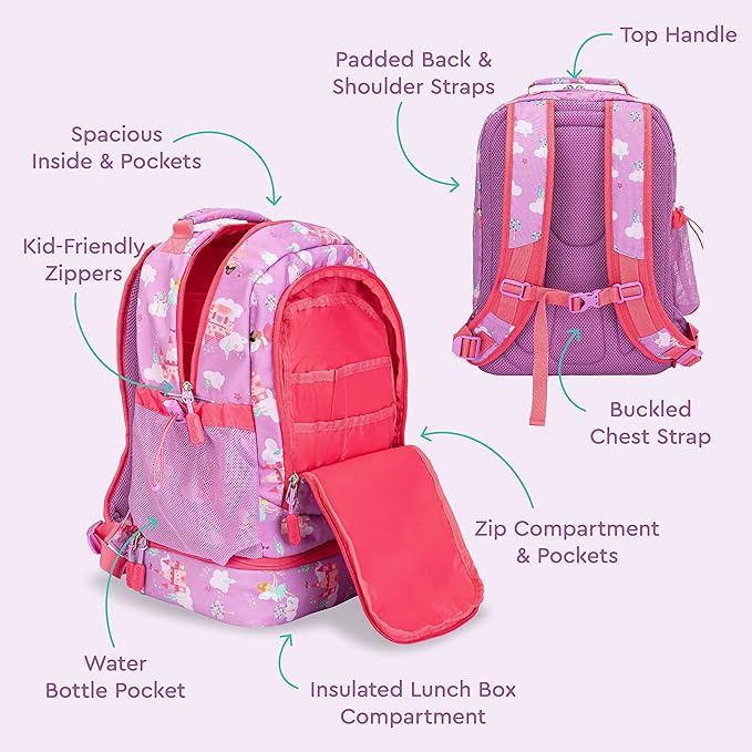 Bentgo Kids 2-in-1 Backpack & Insulated Lunch Bag - Durable 16” Backpack & Lunch Container in Unique Prints for School & Travel - Water Resistant, Padded & Large Compartments (Fairies)
