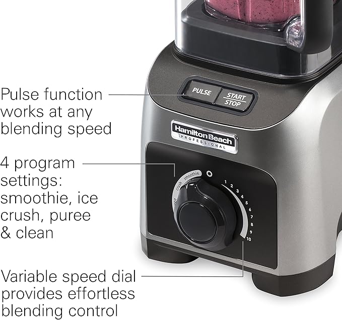 Hamilton Beach Professional Quiet Shield Blender, 1500 Watts Peak Power, 32oz BPA Free Jar, 4 Programs & Variable Speed Dial for Smoothies, Ice Crush, Puree, Silver (58870)