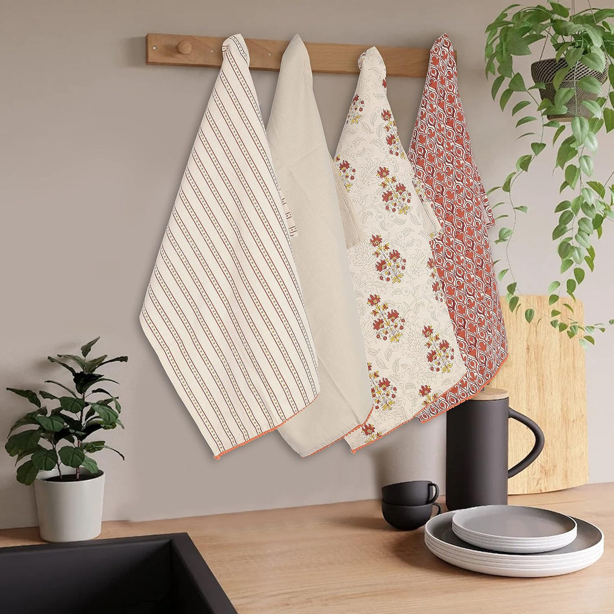 Kitchen Towels Dish Towels - Beige & Red Tea Towels for Spring-Printed Oversized Kitchen Decor Towels 18"x28" Pack of 4 Kitchen Counter Decor
