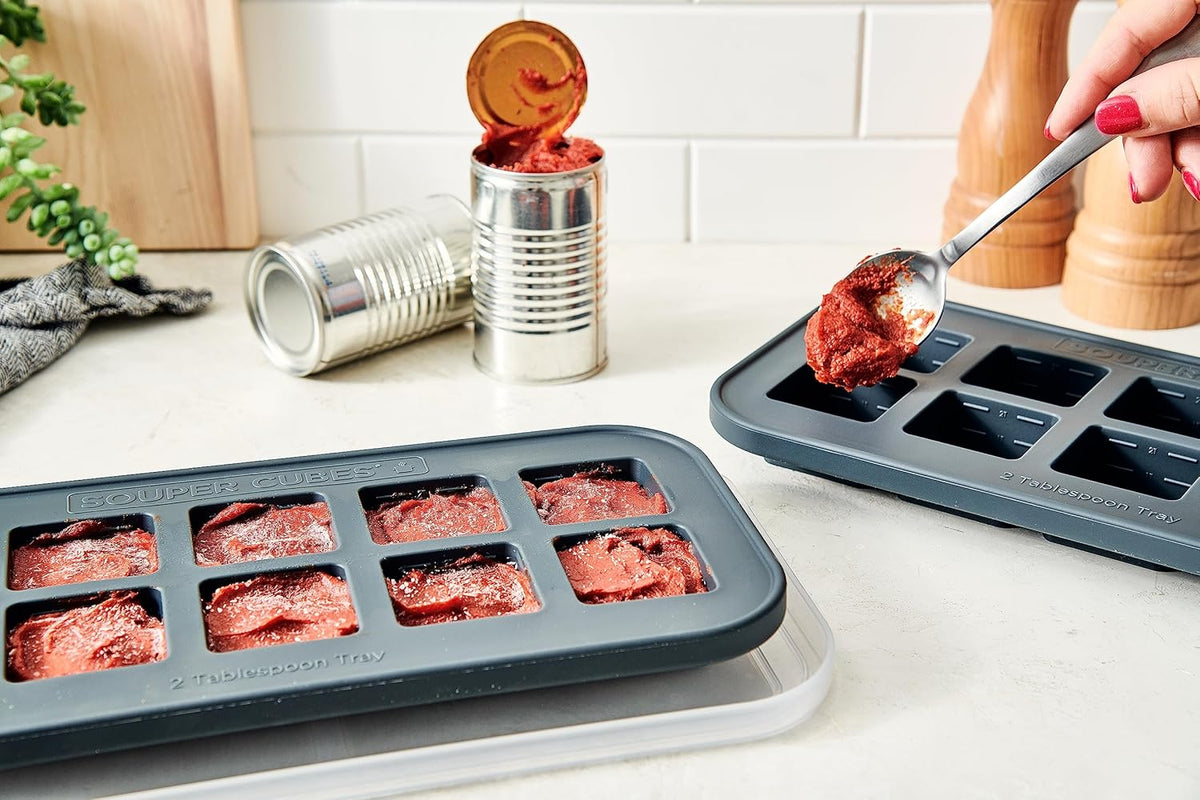 Souper Cubes 2 Tbsp. Silicone Freezer Molds - Perfect for Storing Garlic, Herbs, Ginger, Pesto, Tomato Paste, Lemon Juice, Purees and More - Silicone Baby Food Freezer Tray - Charcoal – 2-Pack