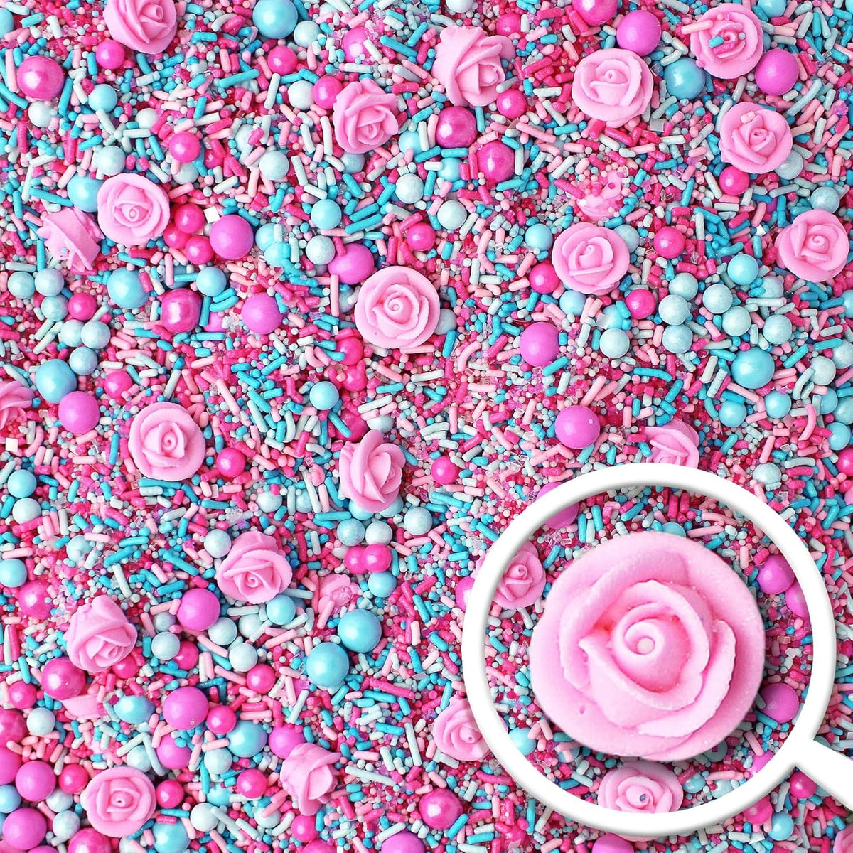 Sprinkle Pop Briar Rose Princess Sprinkle Mix| Pink and Blue Sprinkles with ~6 Hand Piped Royal Icing Roses| Birthday Sprinkles Made in USA for Decorating Cake Cupcakes Donuts Cookies Ice Cream, 2oz