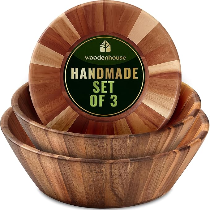 Wooden Bowls, Wooden Salad Bowl Set of 3 - Round Design Large Salad Bowl Set for Serving, Handmade, Durable and Stylish Natural Wood Dining Accessory by Woodenhouse