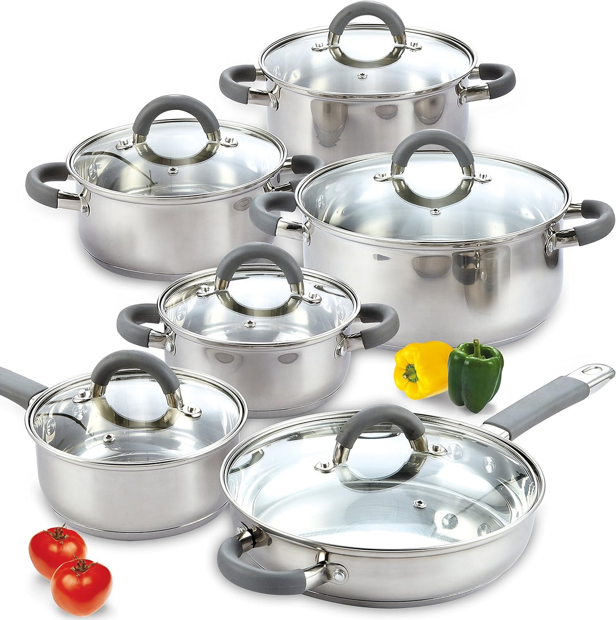 Cook N Home Kitchen Cookware Set, 12-Piece Basics Stainless Steel Pots and Pans Set with Grey Silicone Handle, Silver