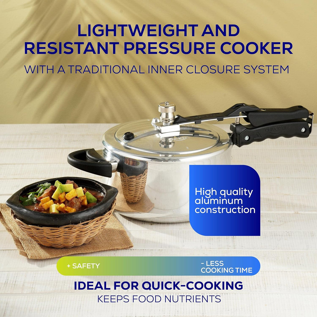 Universal (4.2 Quart / 4 Liter) Pressure Cooker, 5 Servings, Aluminum Pressure Cooker With Multiple Safety Systems and Heat Resistant Handles For Stews, Soup, Meat, and Beans