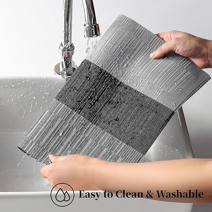 Leetaltree Grey with White Striped Placemats Set of 12 - Heat Resistant Non-Slip Place mats for Dining Table, Washable Durable PVC Vinyl Woven Table Mats（Grey Stripe, 12）