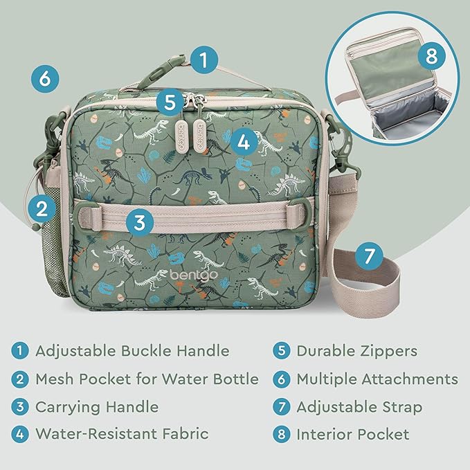 Bentgo Kids Lunch Bag - Durable, Double-Insulated Lunch Bag for Kids 3+; Holds Lunch Box, Water Bottle, & Snacks; Easy-Clean Water-Resistant Fabric & Multiple Zippered Pockets (Dino Fossils)