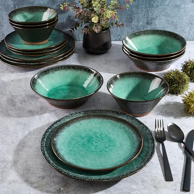 Gibson Elite Green Lantern Service for 4 (16 Piece) Double Bowl Dinnerware Set, Teal, Soft Gray, Dinnerware Set