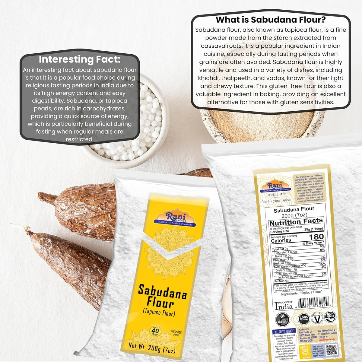 Rani Sabudana Flour (Tapioca/Sago Flour) 7oz (200g) ~ All Natural | Vegan | Gluten Friendly | NON-GMO | Kosher | Indian Origin