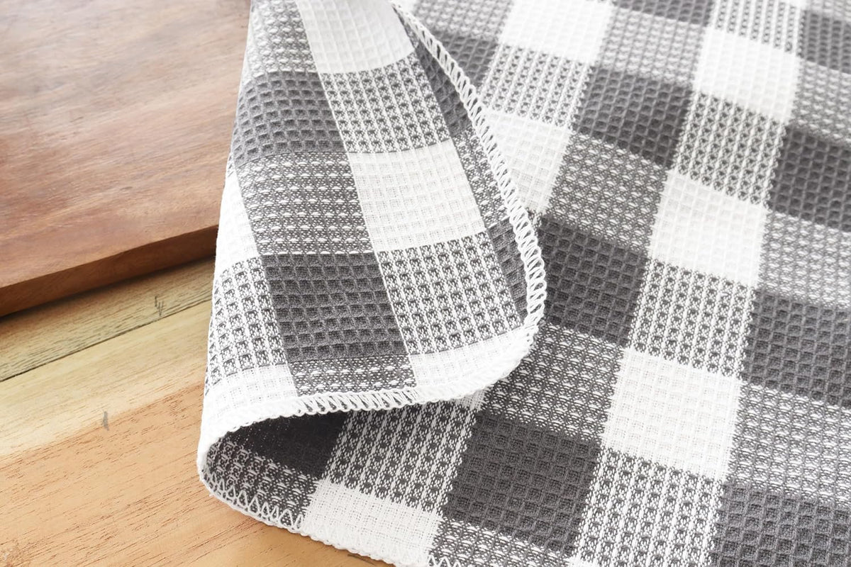 Waffle Weave Plaid Dish Cloths, 100% Cotton - 12 x 12 Inches, Ultra Soft Absorbent Quick Drying Dish Towels Buffalo Check Dish Rags for Kitchen, 8 Pack - Spring Summer - Steel Grey & White