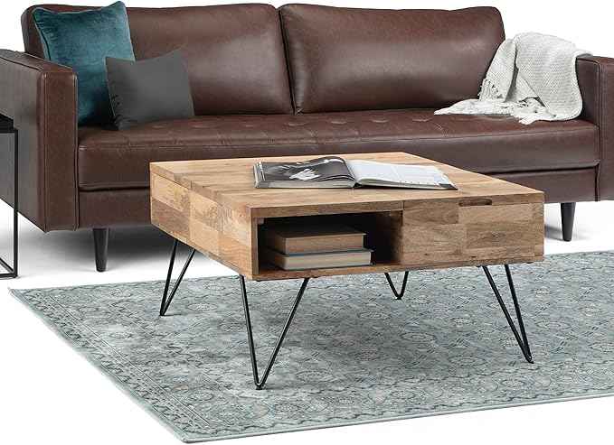 SIMPLIHOME Hunter Lift Top Coffee Table - 32 inch Wide Solid Mango Wood and Metal Industrial Square Cocktail Table in Natural, Living Room Table with Dual Lift Tops, Hidden Storage and Hairpin Legs