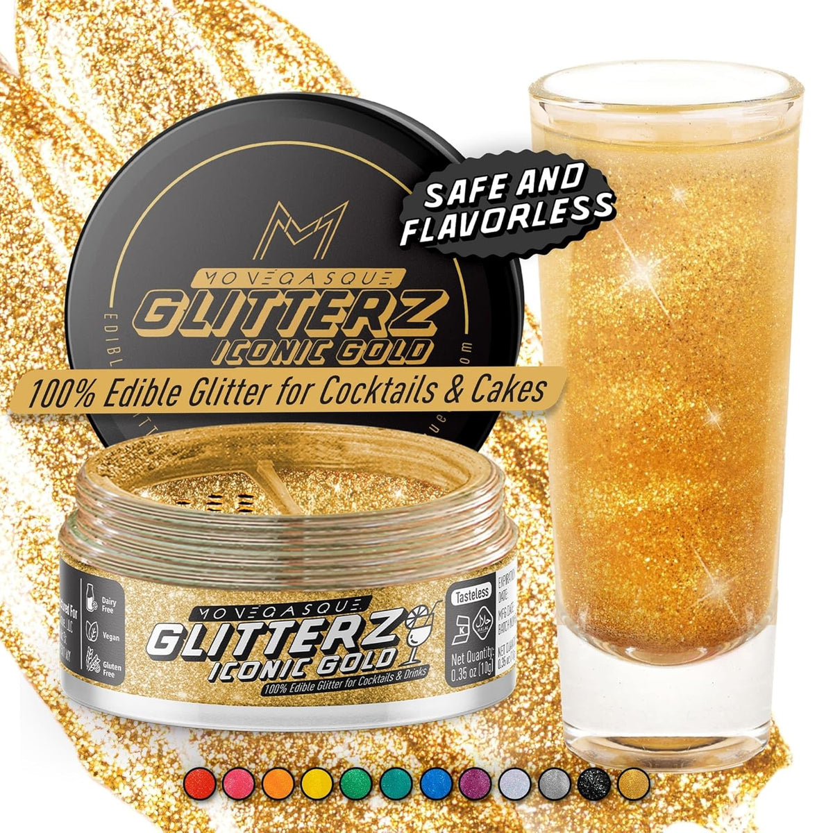MONÉGASQUE Iconic Gold Edible Glitter for Drinks 10g – Edible Glitter for Cakes & Cocktails – Gold Sprinkles Spray for Food, Cupcake, & Cake Decorations – Halloween Cocktail & Drink Shimmer Powder