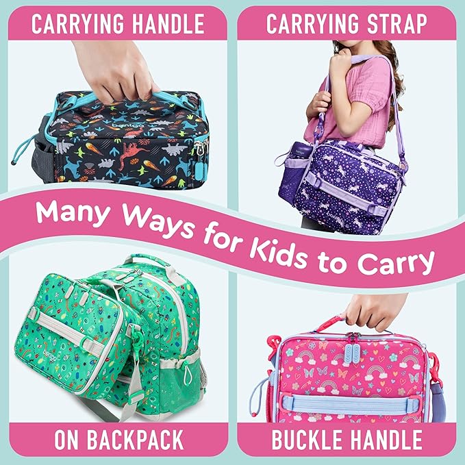 Bentgo Kids Lunch Bag - Double-Insulated, Reusable Lunch Bag for Kids 3+ with Adjustable Strap; Holds Lunch Box/Water Bottle/Snacks; Easy-Clean, Water-Resistant & Pockets (Rainbows & Butterflies)
