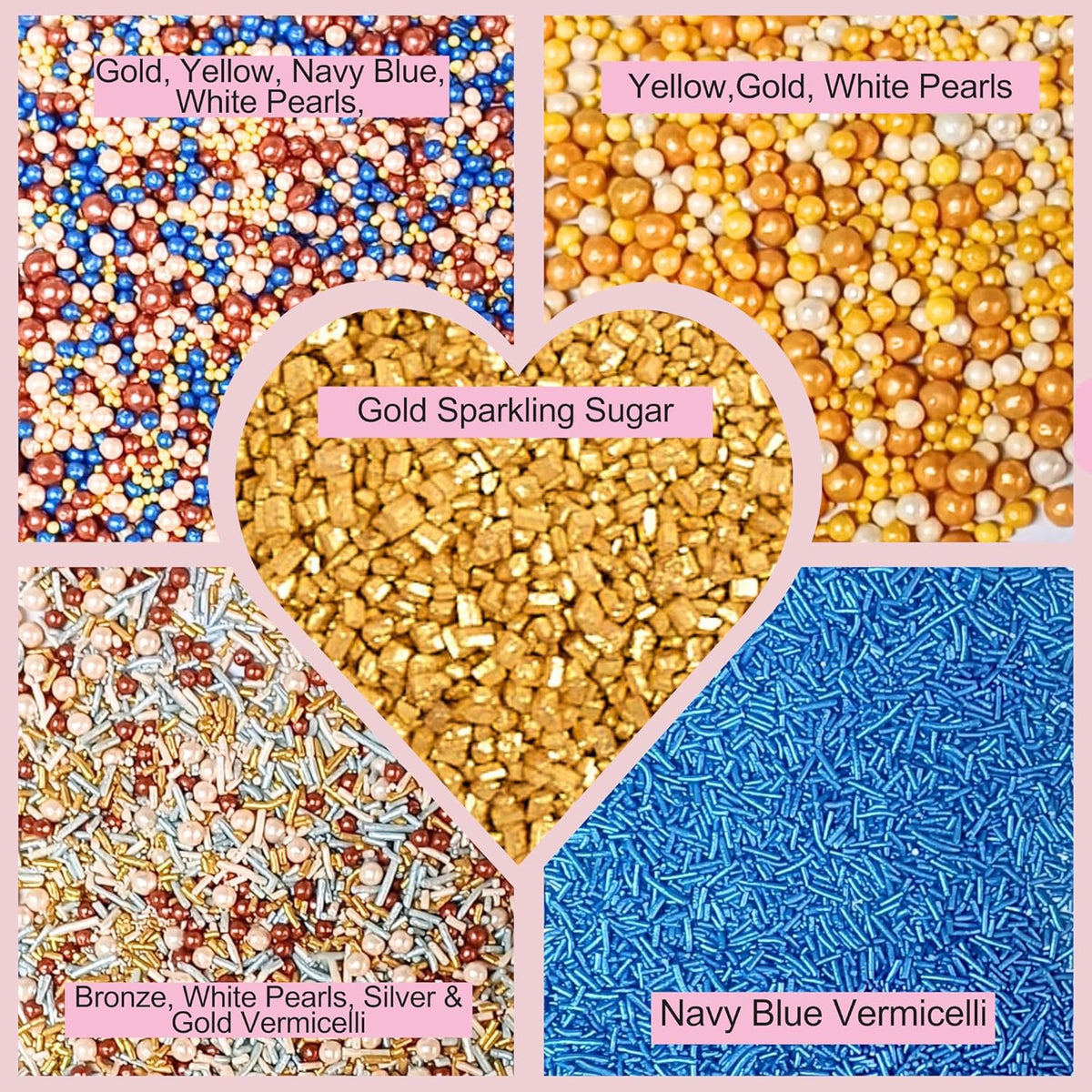 Confect Cake Decorating Sprinkles |Edible Pearl Sprinkles | Mix Gold White Blue & Yellow Pearl Dragees | Blue Jimmies | Gold Sparkling Sugar | Glam Sprinkles | Vegan, Gluten-Free, Nut-Free, Soy-Free, Dairy-Free, Palm Oil-Free - 5 Oz