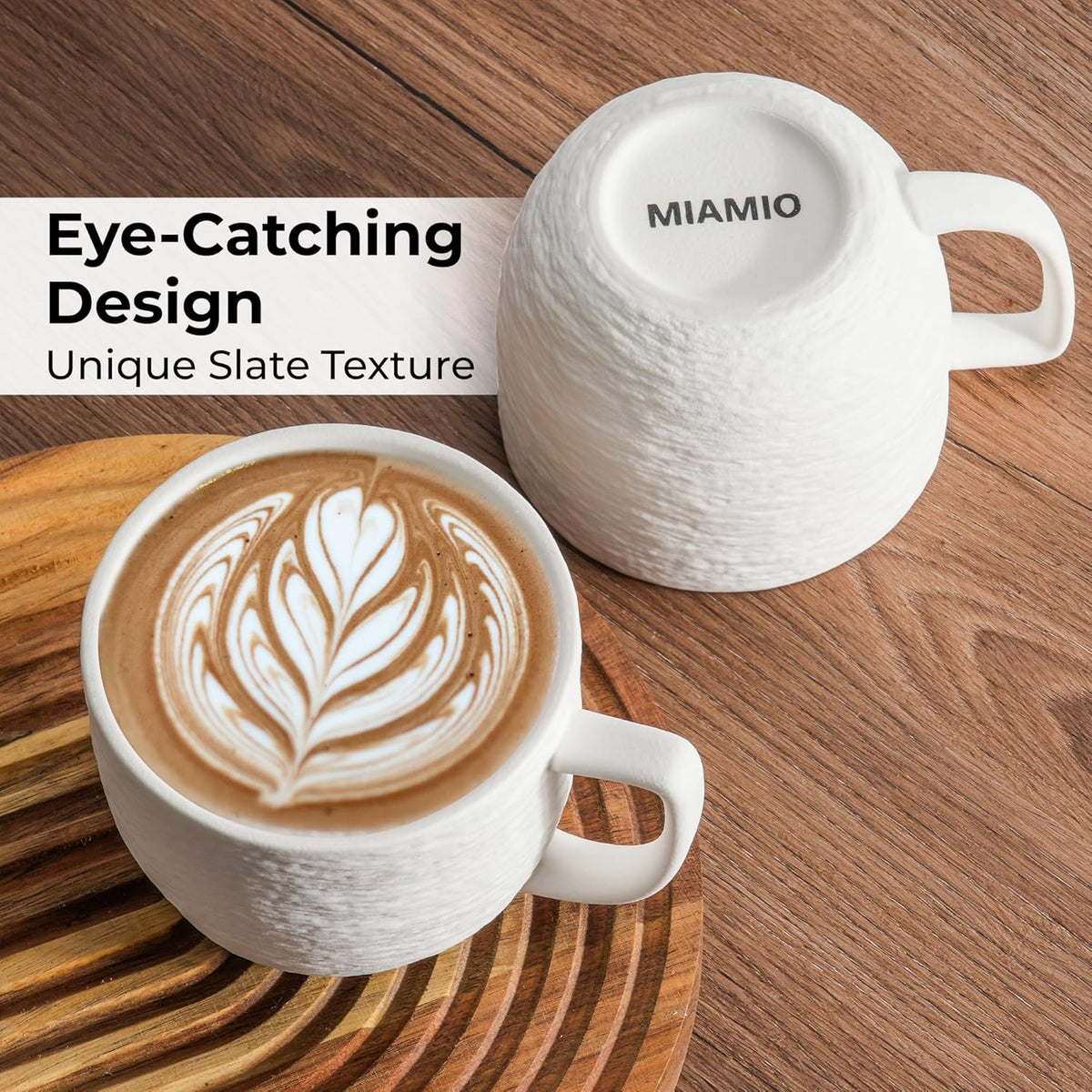 MIAMIO - Coffee Mug Set of 4 x 450 ml Cups/White Mugs Ceramic with Embossed Rock Texture for Coffee, Latte, Tea - Oasis Collection