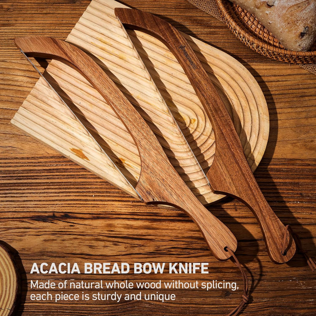 Bread Slicer Knife for Homemade Bread, Wooden Sourdough Bread Knife Cutter for Slicing, Serrated Bread Bow Knife Bread Saw Tool, Kitchen Baking Supplies (Acacia)