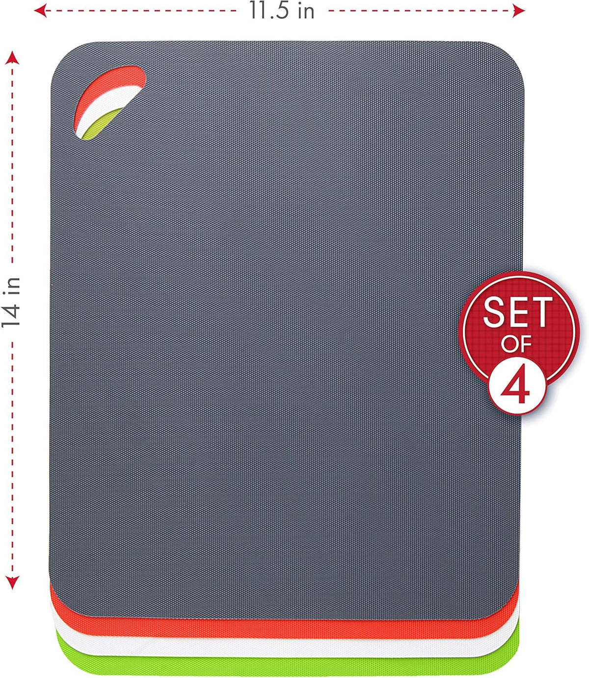 Dexas Heavy Duty Cutting Board Grippmat, Flexible Cutting Boards for Kitchen, Set of 4, Non Slip Plastic Board Cutting Mat 11.5 by 14 Inches Gray, Red, White and Green Set, Kitchen Gadgets