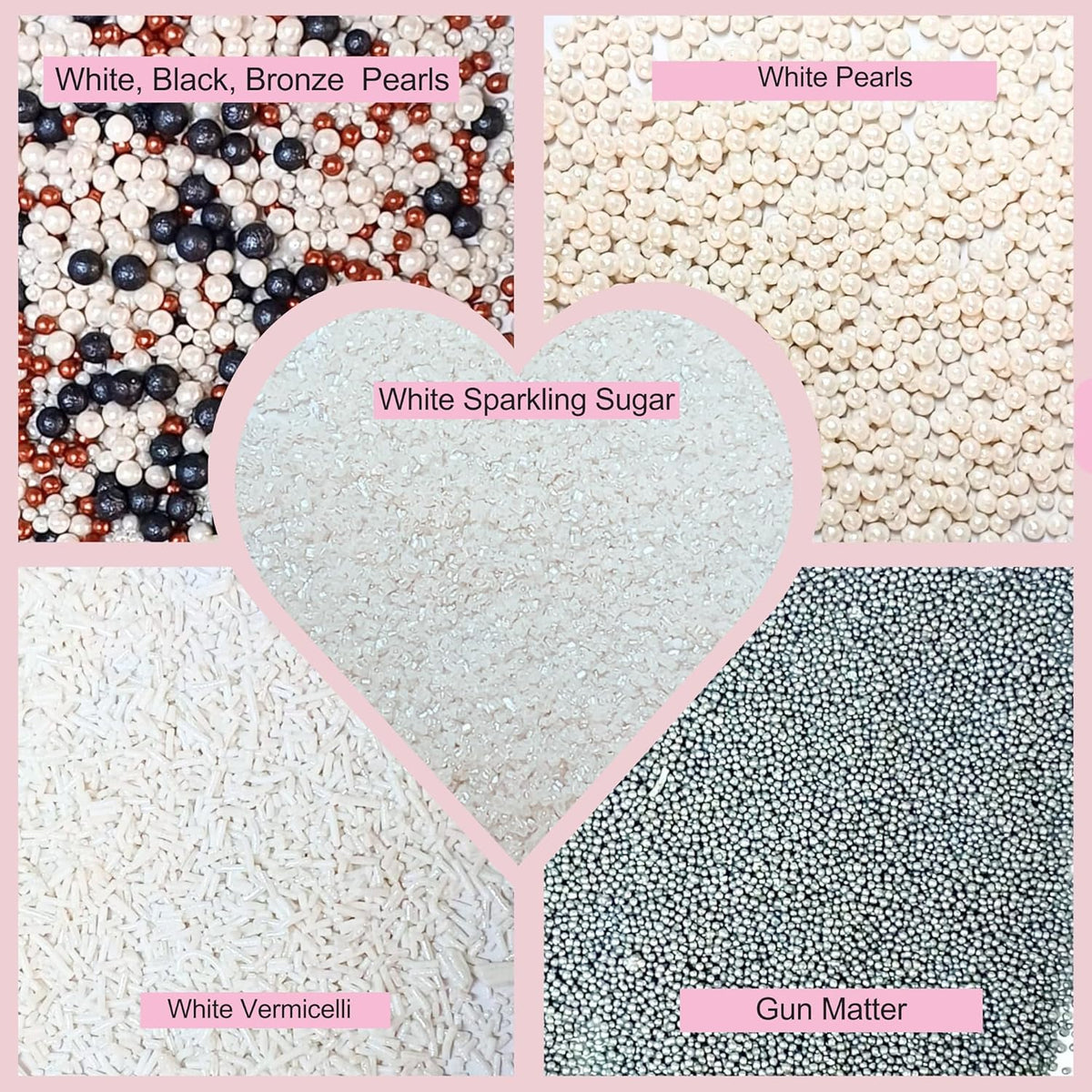 Confect White Sprinkles | Sprinkles for Cakes & Cupcakes Decoration | Assorted pack of 5 | Mix Black, Bronze & White Dragees Pearl , Jimmies & Sparkling Sugar | Vegan, Gluten-Free, Nut-Free, Soy-Free, Dairy-Free, Palm Oil-Free- 5 Oz