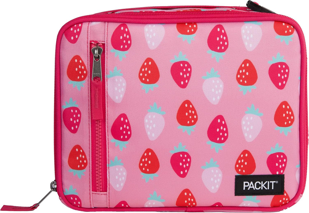 PackIt Freezable Classic Lunch Box, Sweet Strawberry, Built with ECOFREEZE Technology, Collapsible, Reusable, Zip Closure With Zip Front Pocket and Buckle Handle, Designed for Fresh Lunch On the Go