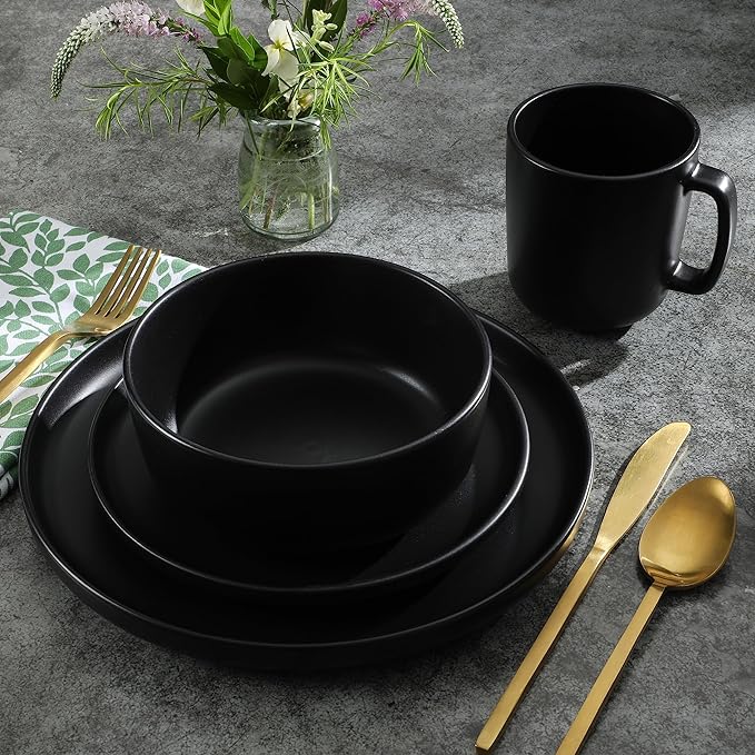 Gibson Home Zuma Stoneware Plates, Bowls, & Mugs Dinnerware Set - Matte Black, Service for Four (16pcs)