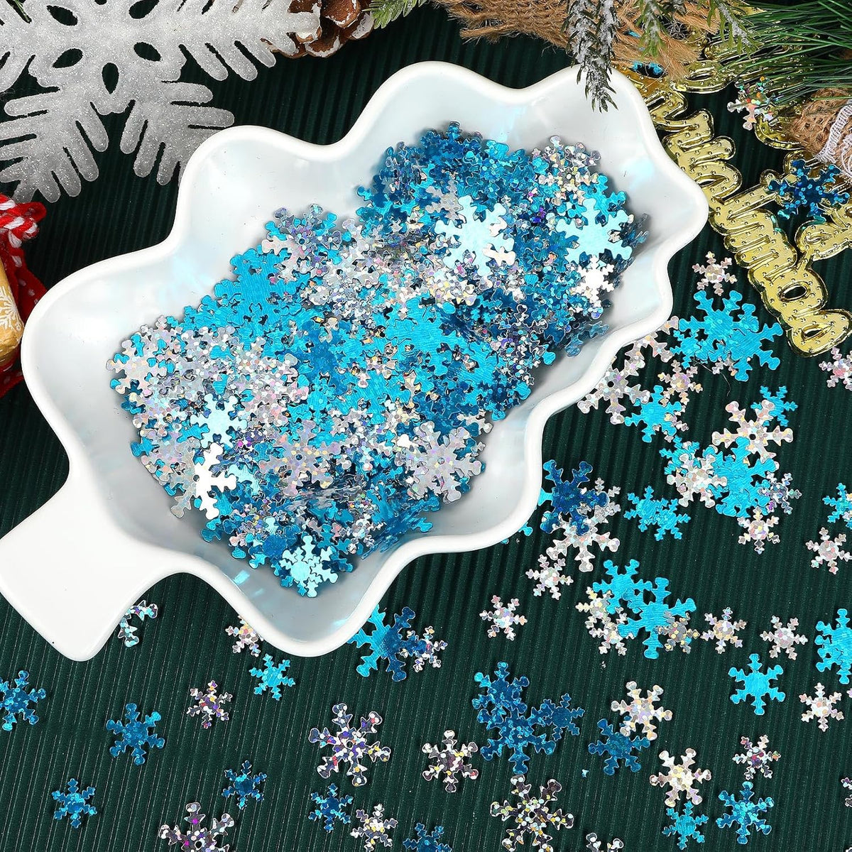 MARFOREVER Winter Snowflake Confetti Decorations, White Blue Glitter Confetti Snow Scatter Sequins for Winter Wonderland Frozen Holiday Baby Shower Party Table Decor Supplies