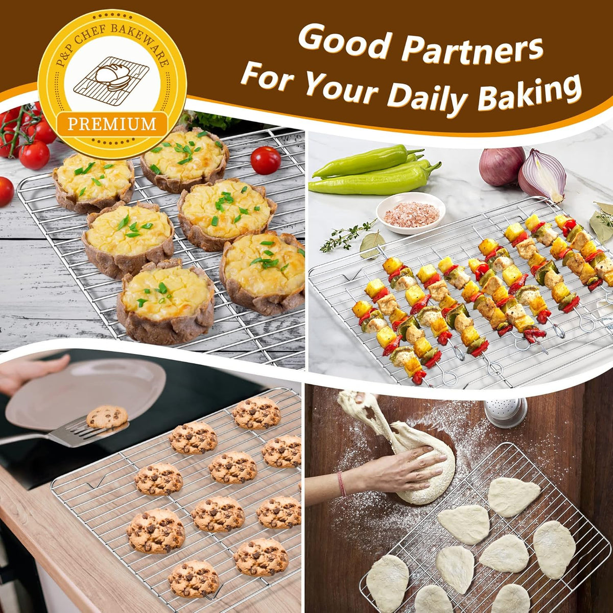 P&P CHEF 16 Inch Baking Sheet Pan with Rack Set, Stainless Steel Cookie Sheet Pan Tray with Cooling Rack for Oven Use, Cooking Roasting, Non Toxic & Dishwasher Safe, Heavy Duty