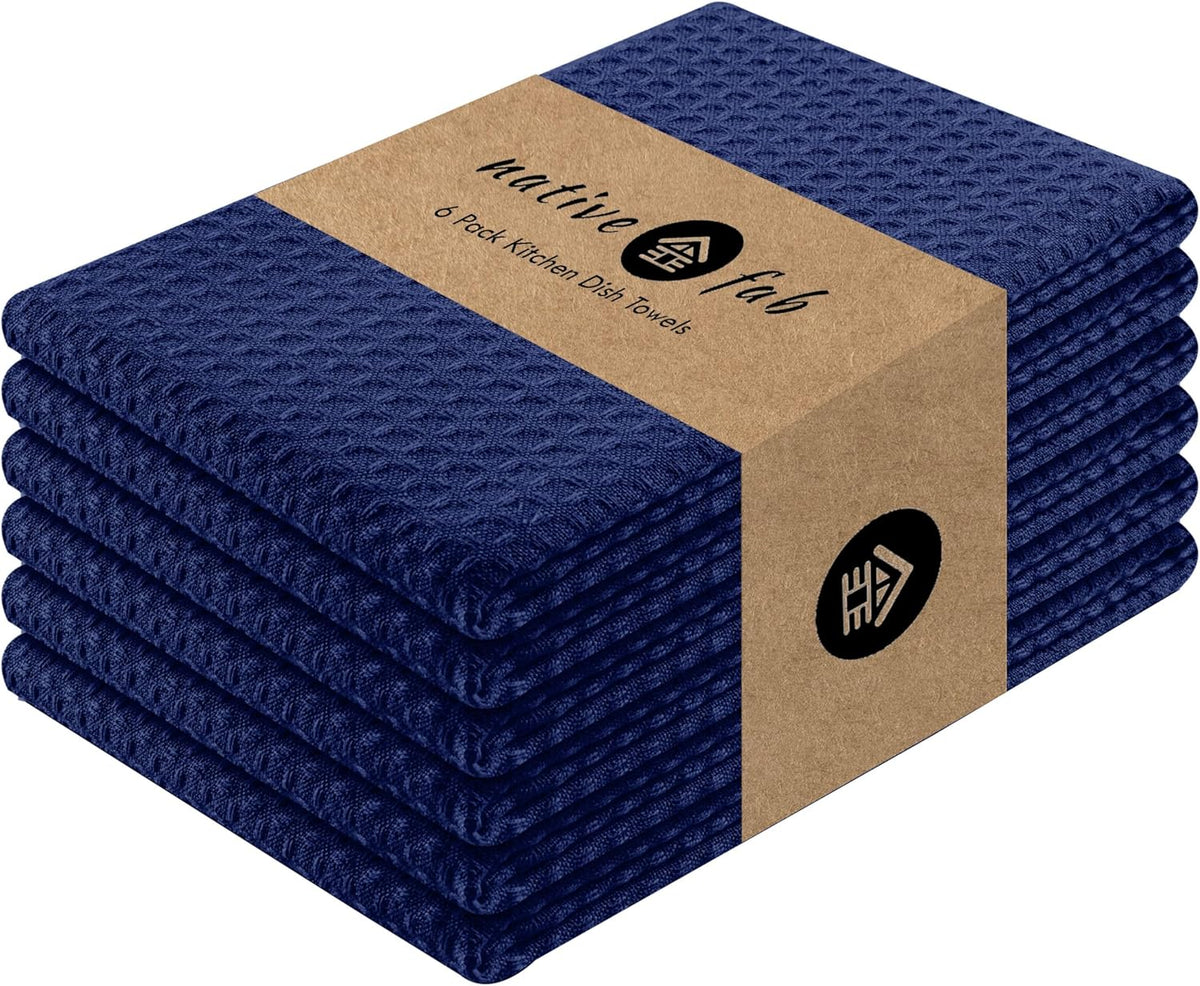 Native Fab Waffle Kitchen Towel - 6 Pack - Absorbent Dish Towel for Cleaning, Drying, and Cooking - 100% Cotton Durable Kitchen Essential for Home Use, Quick Drying Towels, 16x26 inches - Ink Blue