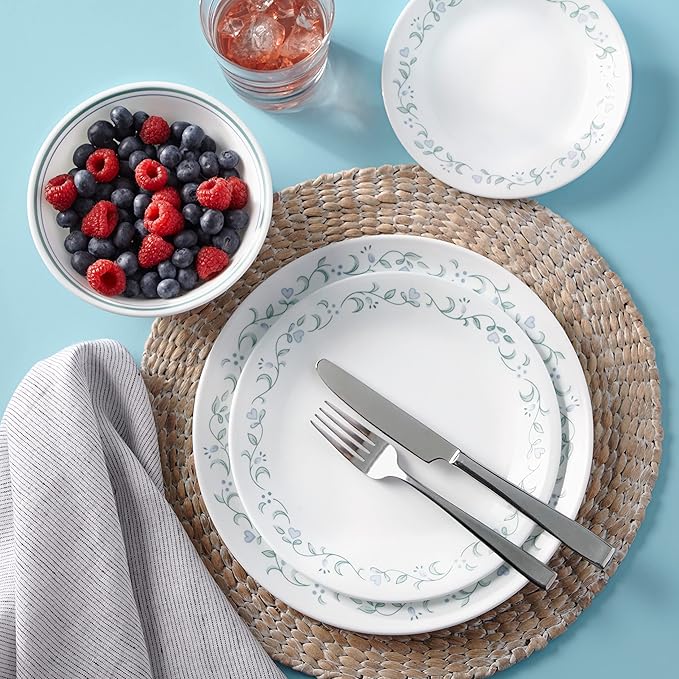 Corelle Dinnerware Set (12pc Set, Country Cottage)-Dinner Set for 4 4 x: Dinner Plates, Side Plates & Bowls 3 X More Durable, Half The Space & Weight of Ceramic up to 80% Recycled Glass, 1146844
