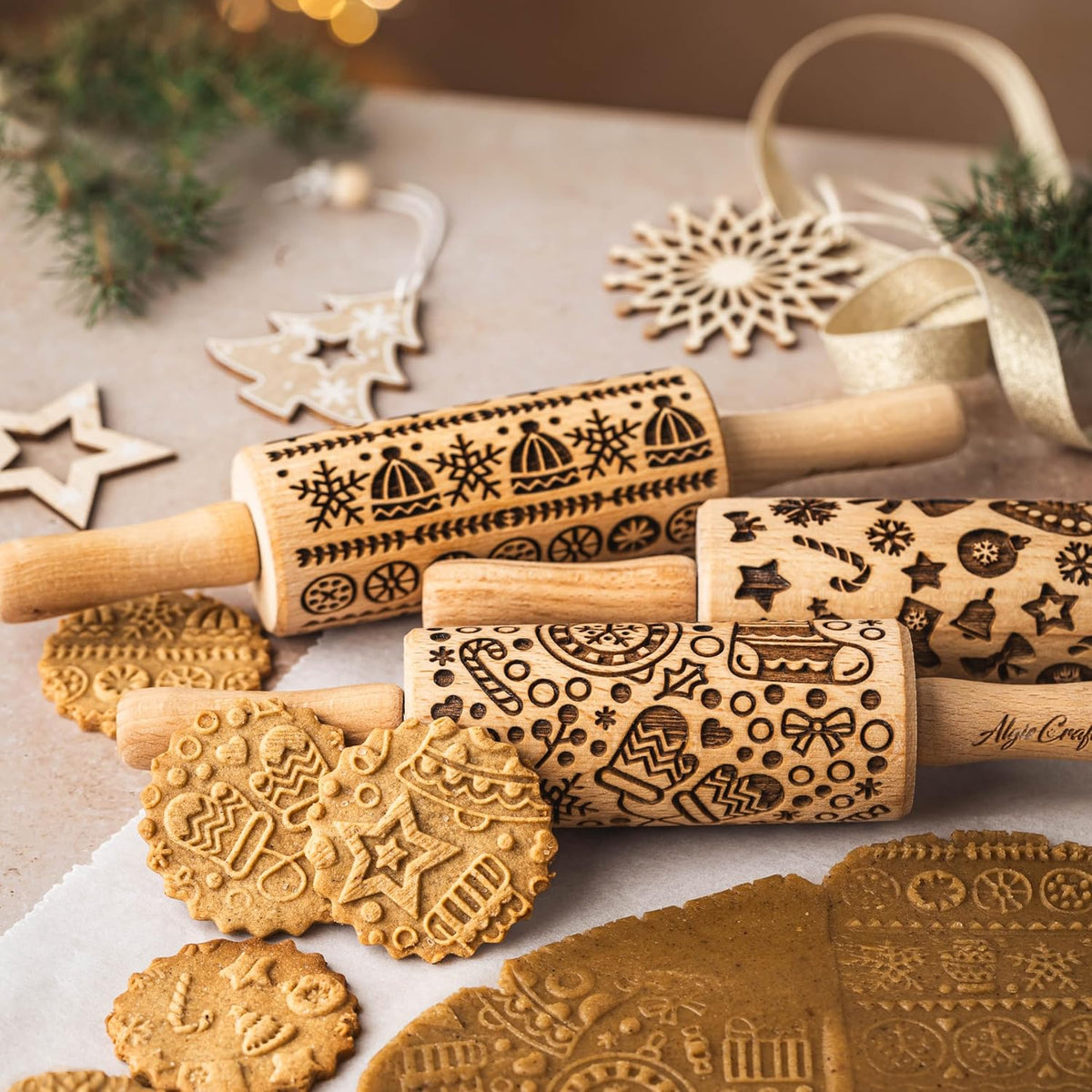 CHRISTMAS FUN 3 Kid Rolling Pin Set. Wooden Laser Cut Embossing Cut Mini Rolling Pins for Embossed Cookies. Gift for Kid, Friend, Christmas by Algis Crafts