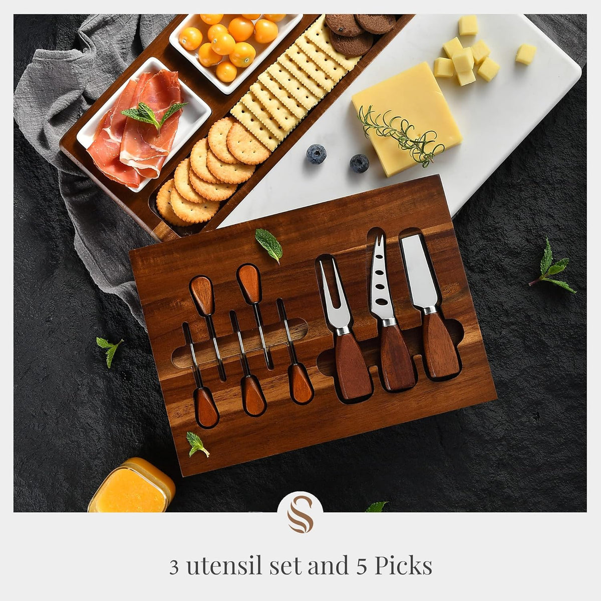 Shanik Wood - Marble Cheese Board Set with 3 Ceramic Bowls - Stainless Steel Cutlery Set, Charcuterie Board Set & Gift for Any Occasion (Without Engraving)