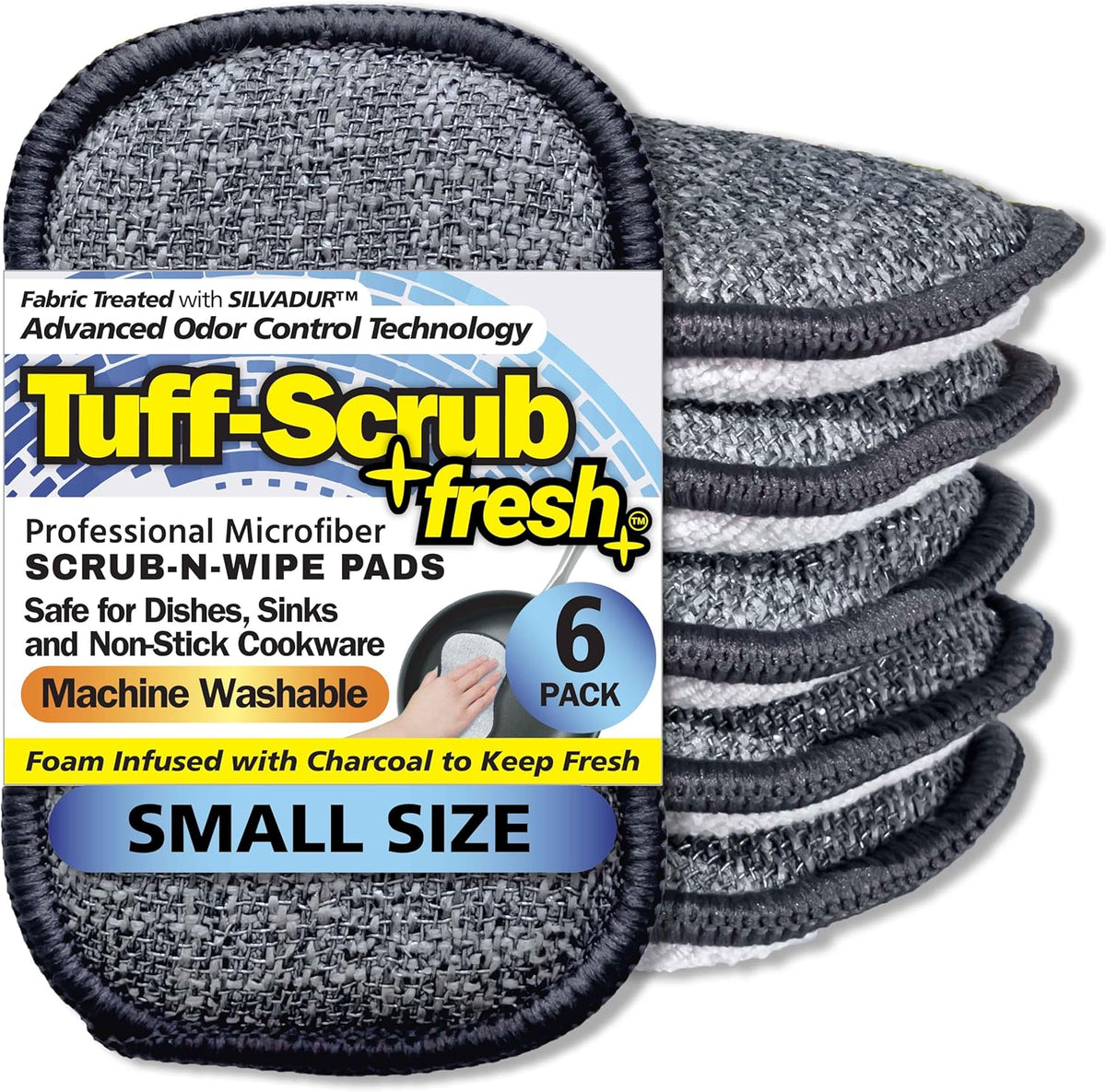 Fresh Scrub-N-Wipe Pad by Tuff-Scrub, 6-Pack, Antimicrobial & Charcoal Foam for Odor Control, Microfiber, Multi-Surface, Non-Scratch, Dual-Sided, Machine Washable, Kitchen Sponge (Small)