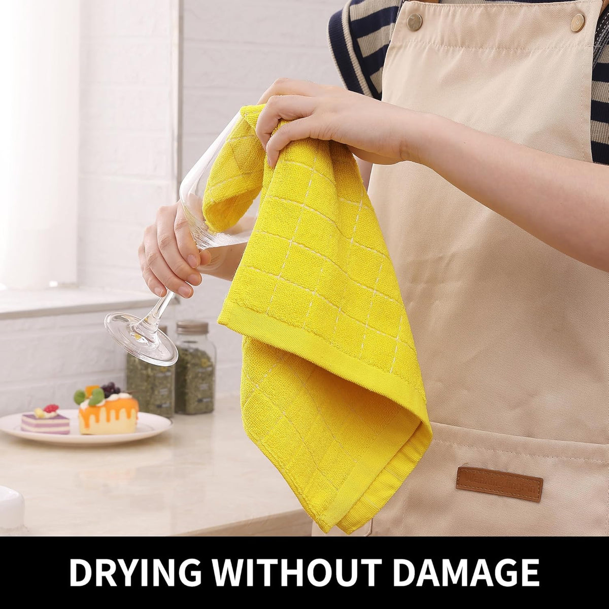Homaxy 100% Cotton Terry Kitchen Towels(Yellow, 13 x 28 inches), Checkered Designed, Soft and Super Absorbent Dish Towels, 8 Pack