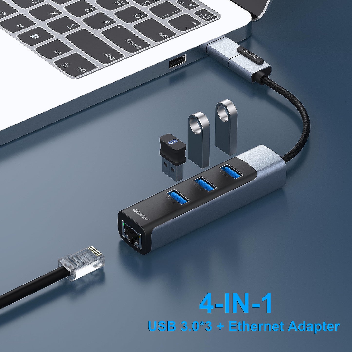 BENFEI 4in1 USB-C/USB 3.0 to Ethernet Adapter with 3*USB 3.0 Ports Compatible for iPhone 15 Series, MacBook Pro/Air 2023/2022/2021/2020/2019 and More