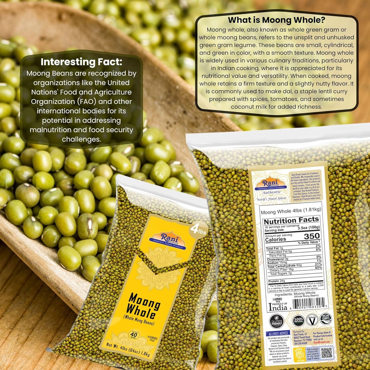 Rani Moong Whole (Ideal for cooking & sprouting, Whole Mung Beans with skin) Lentils Indian 64oz (4lbs) 1.81kg Bulk ~ All Natural | Gluten Friendly | Non-GMO | Kosher | Vegan | Indian Origin