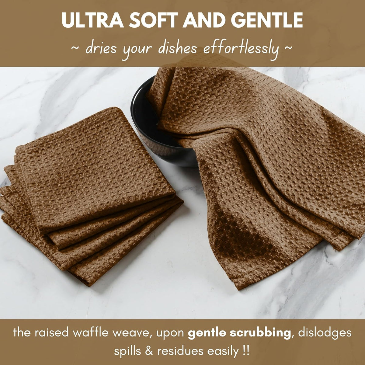 Native Fab Waffle 12 Pack 100% Cotton Easter Kitchen Dish Towels 16x26 Absorbent Durable Washable, Tea Cloths, Bar Towels, Cleaning With Hanging Loop, Brown