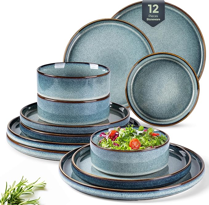 GBHOME Ceramic Dinnerware Sets for 4, 12 Pieces Stoneware Plates and Bowls Sets, Reactive Glaze Dishes -Scratch Resistant, Dishwasher&Microwave Safe