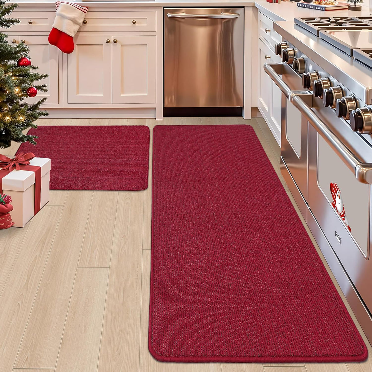 COSY HOMEER 24x35 Inch/24X60 Inch Kitchen Rug Mats Made of 100% Polypropylene Strip TPR Backing 2 Pieces Soft Kitchen Mat Specialized in Anti Slippery and Machine Washable,Red