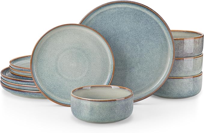vancasso PLAYA Plates and Bowls Sets, 12 Pieces Light-Blue Dinnerware Sets for Kitchen, Reactive Glaze Dishes Set for 4, Dishwasher and Microwave Safe