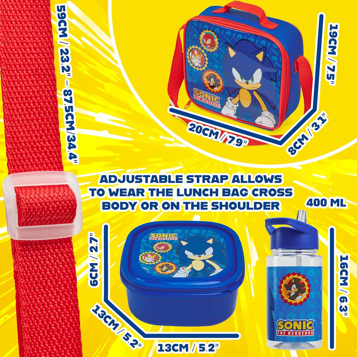 Get Trend SONIC THE HEDGEHOG Kids Lunch Bag Set 3 Pc with Leak Proof Water Bottle and Small Lunch Box Insulated for School Daycare Travel (Sonic)