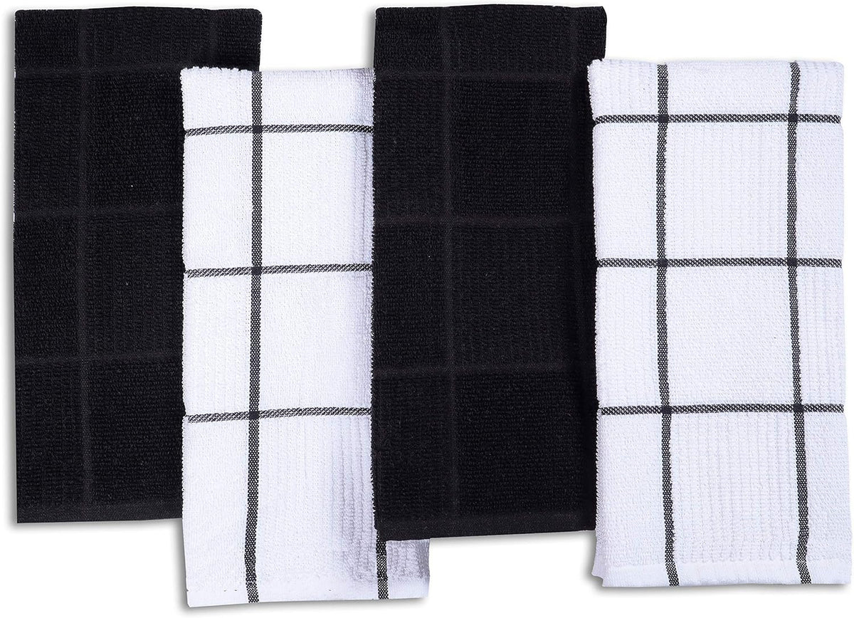 AMOUR INFINI Kitchen Towels Pack of 4 Absorbent, Quick Drying Premium Terry Cotton Dish Towel with Hanging Loop 16x28 Inch Hand & Tea Towels (Black)
