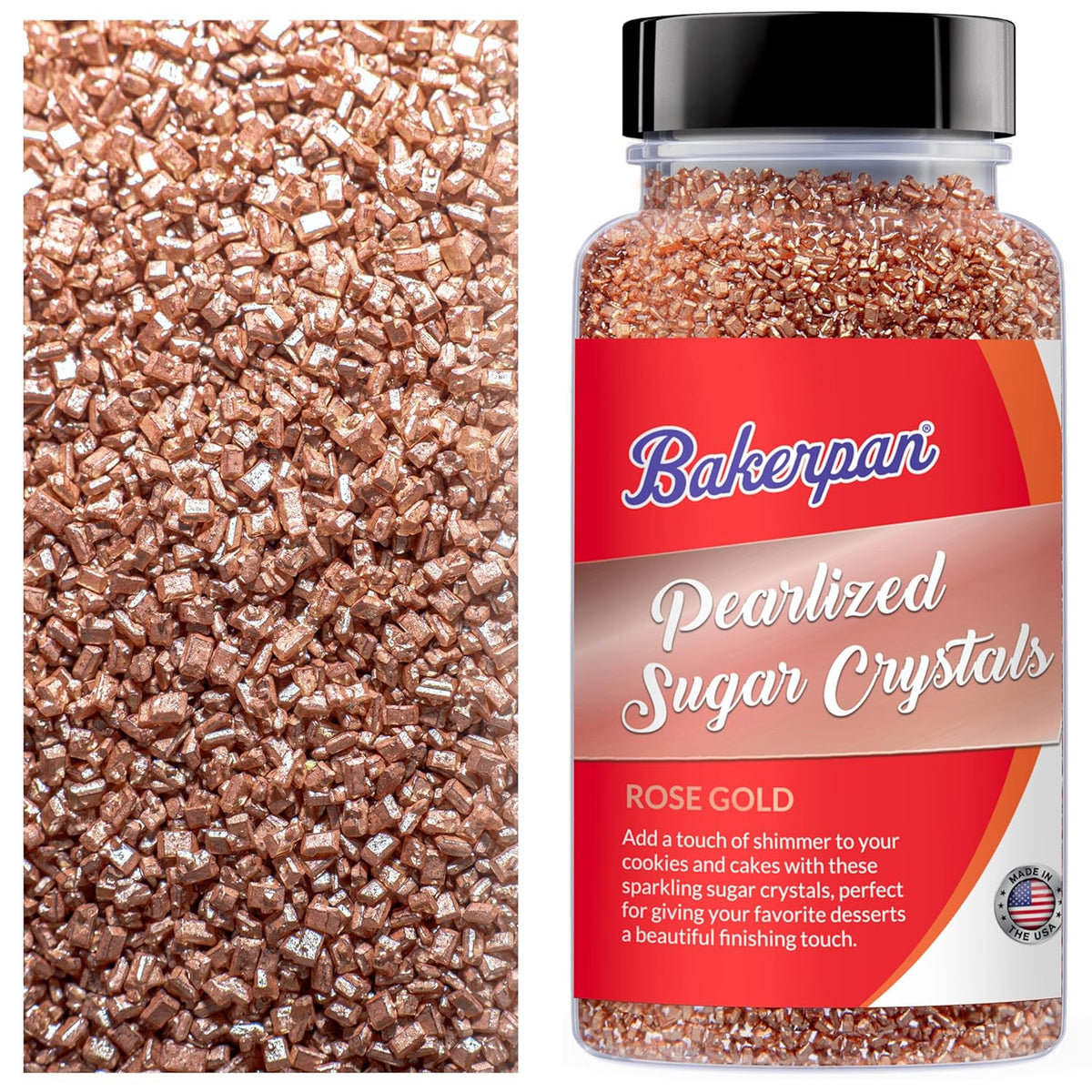 Bakerpan Pearlized Sugar Sprinkles for Baking - 5 Ounce - Sparkling Rose Gold Decorating Sugar Crystals for Cookies, Cake Pops, Ice Cream (Made in USA)