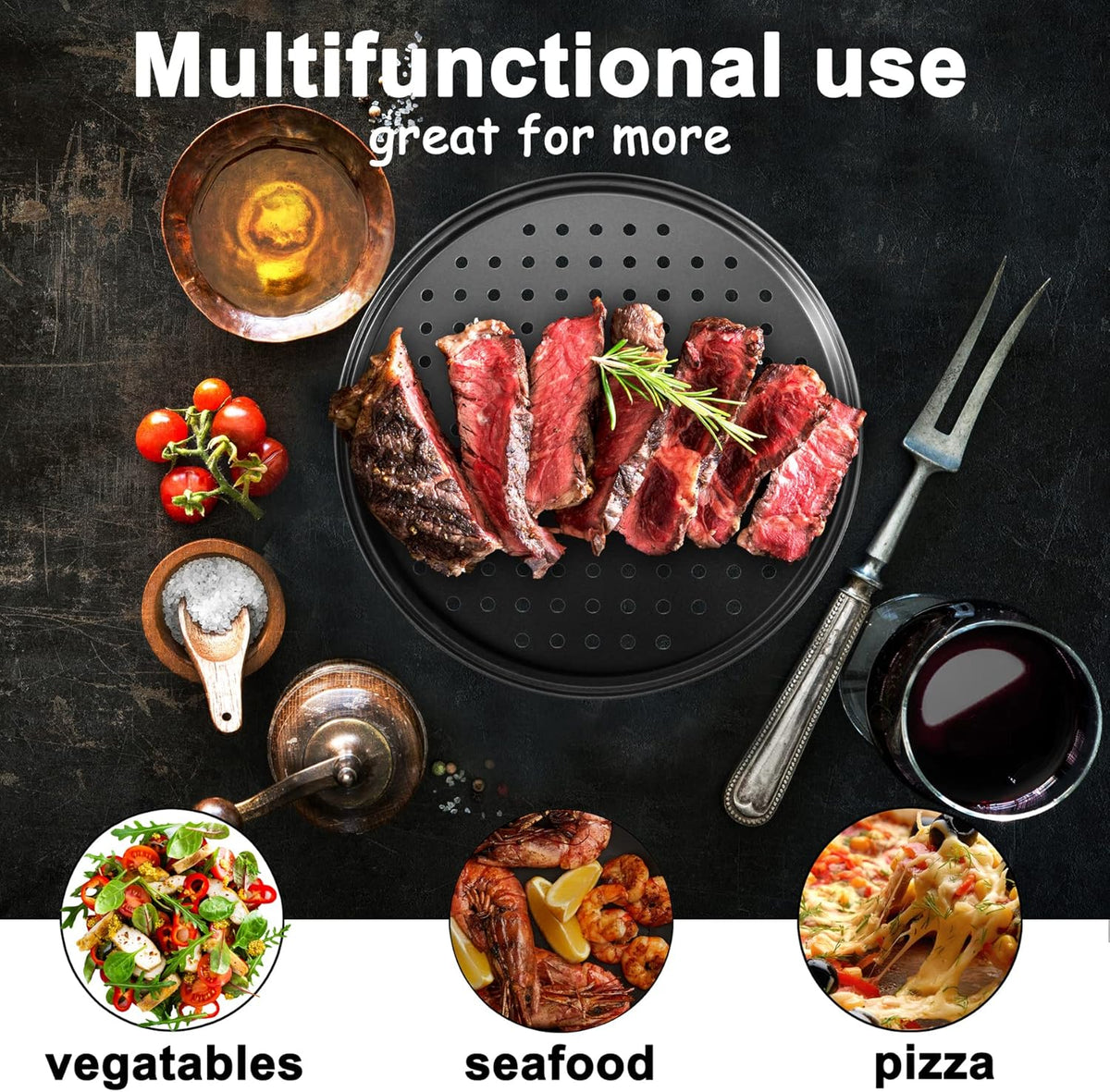 Pizza Steel Pan for Oven, Pizza Crisper Pan with Holes 12 Inch, Nonstick Round Pizza Baking Sheet Oven Tray, Perforated Carbon Steel Pizza Bakeware For Home Restaurant Kitchen Baking